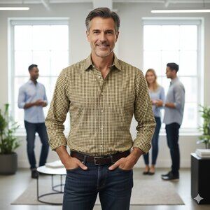 100% Cotton Scott Barber Yellow/Black Mini Check Casual Office Dress Shirt Large